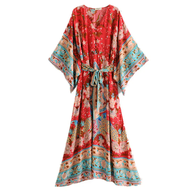 Happie Queens Women Red Floral Print Bat Sleeve Beach Bohemian Kimono