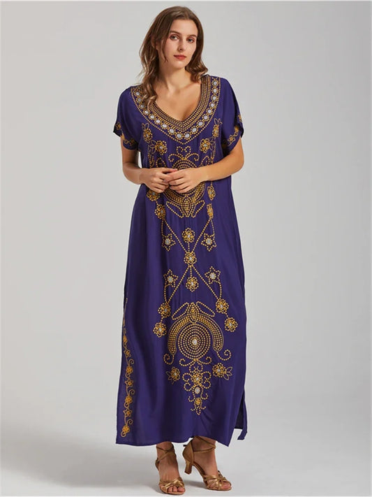 Embroidery Robe V-neck Batwing Sleeve Beach Maxi Dress