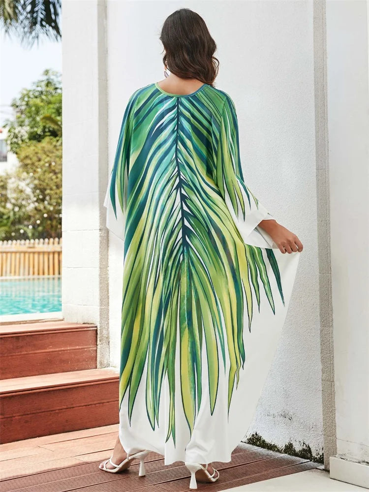 Boho Plus Size Women Clothing Green Plant Leaf Printed Kaftans Beach Wear Dress Slit Sarong Autumn Bathing Suit Cover Up Q1588