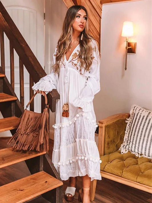 Jastie Bohemian Vintage Embroidered Dress V-Neck Long Sleeve Sexy Robe Floral Print Maxi Dresses for Women 2022 Spring Autumn