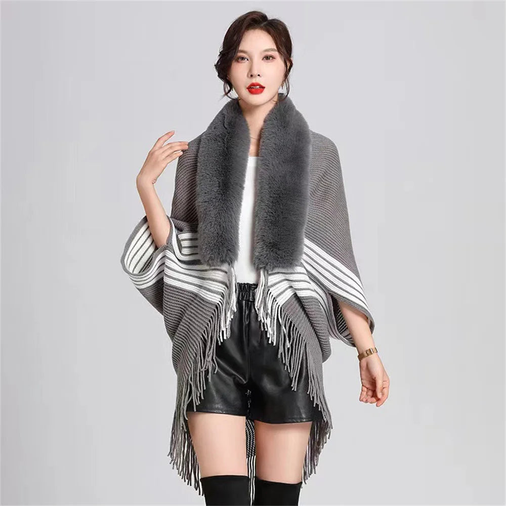 2024 Faux Fur Neck Winter Loose Cardigan Cape Sweater Striped Tassel Poncho Cloak Women Knitted Batwing Sleeves Long  Knitwear