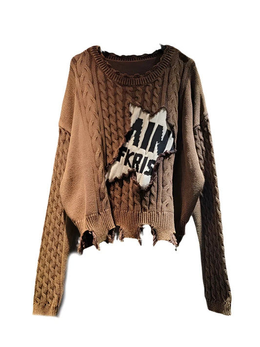 Women's Sweater Loose Patchwork Letters Distressed Long Sleeve Knitted Tassel jumper