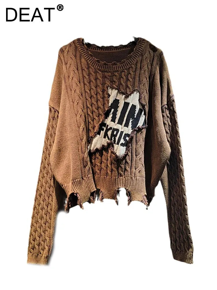 DEAT Women's Sweater Loose Patchwork Letters Distressed Long Sleeve Knitted Tassel Pullover Autumn 2024 New Fashion 29L8324
