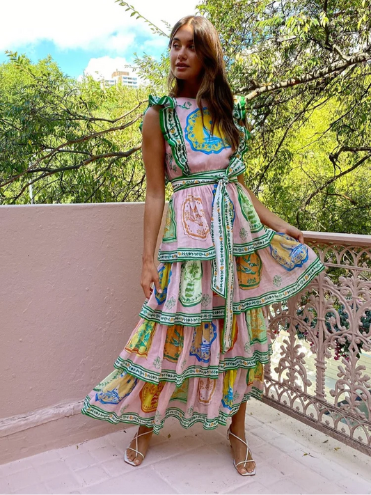 Printed Flying Sleeve Layered Ruffle Edge summer dress