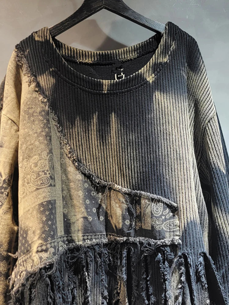 DEAT Women Pullover Knitted Distressed Tie-dye Printed Black Vintage Tassel Long Sleeve Sweater Autumn 2024 New Fashion 11A0969