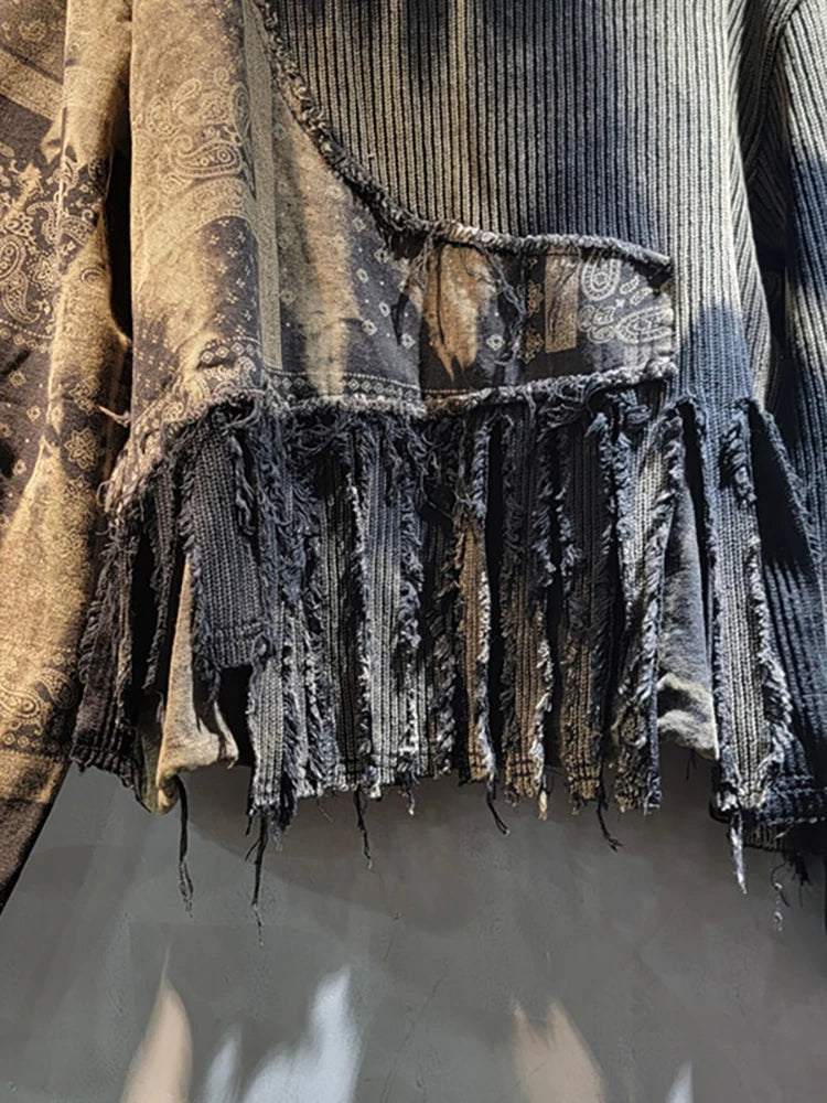 DEAT Women Pullover Knitted Distressed Tie-dye Printed Black Vintage Tassel Long Sleeve Sweater Autumn 2024 New Fashion 11A0969