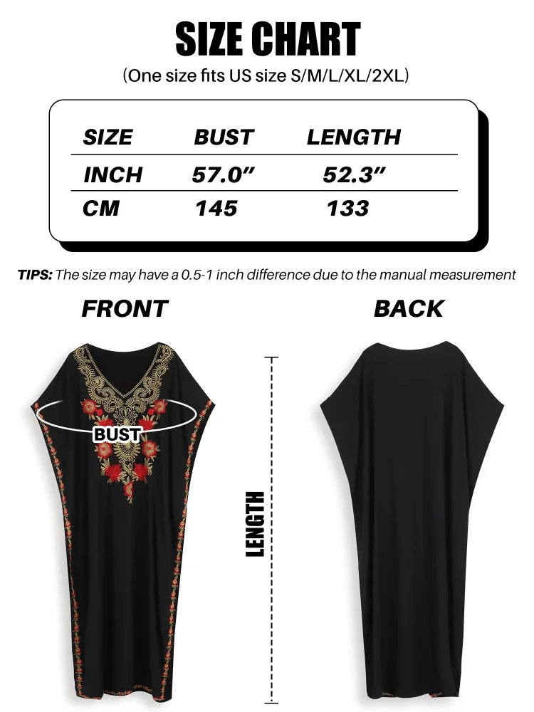 EDOLYNSA Women Embroidered Kaftan Dress Plus Size Caftan Loungewear Long Bathing Suit Coverup Tunic Beach Wear Vacation Outfit