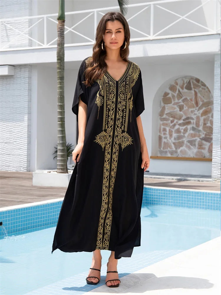 2024 Boho Gold Embroidery Printed Batwing Sleeve Kaftan Dress For Women Sexy V Neck Beachwear Vacation Swimsuit Cover-ups Q1700