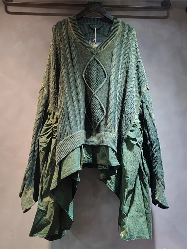 DEAT Women's Pullover Batwing Sleeve Knitted Loose Patchwork Ruffles Edge Retro V-neck Do Old Sweaters 2024 New Fashion 33A1448