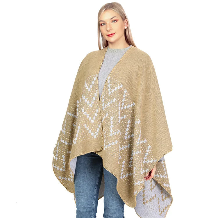 Autumn Winter Geometric Pattern Knitted Shawl Women's cloak Warm Scarf Fashion Street Poncho Lady Capes Gray Cloaks