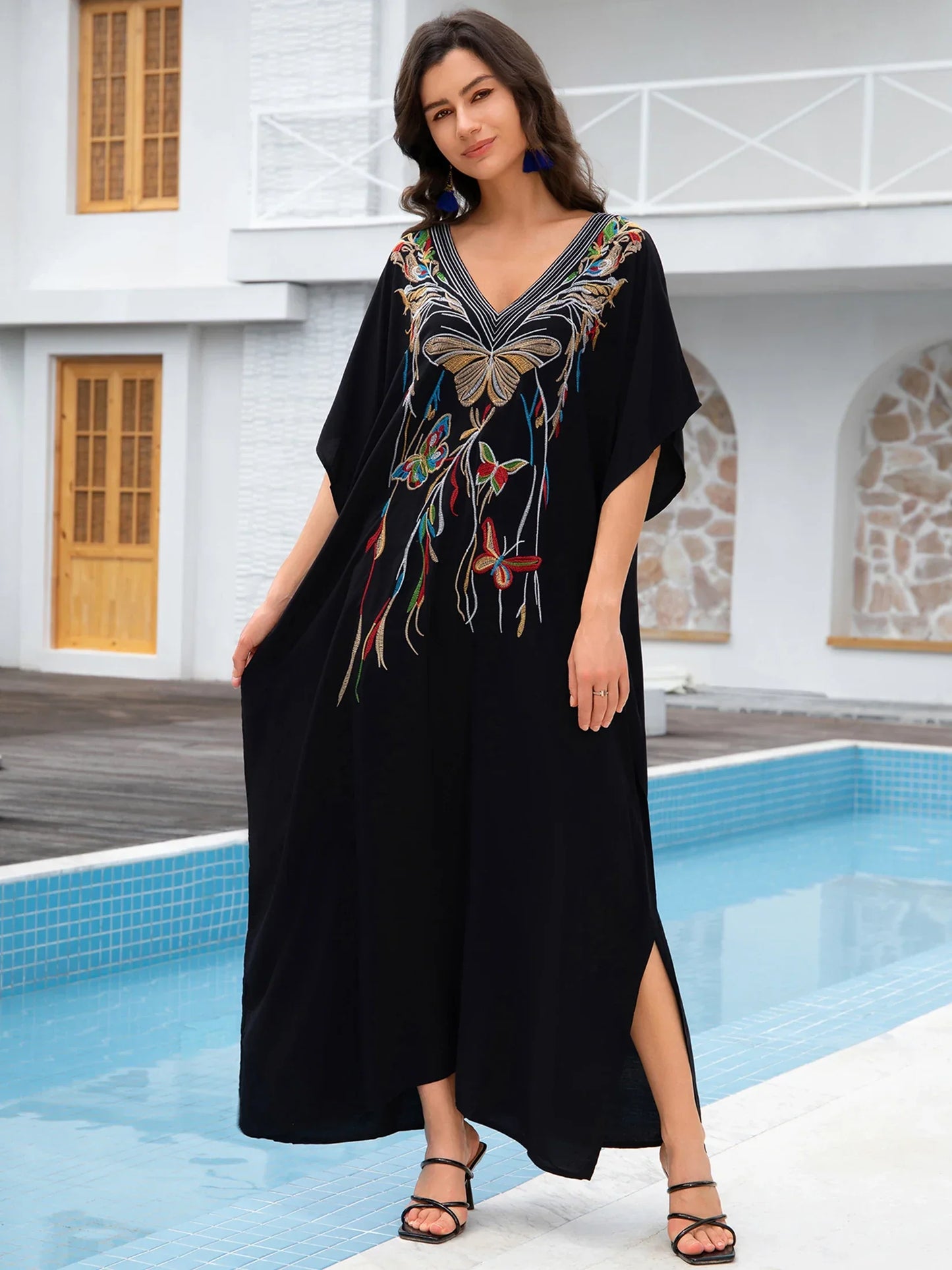 Butterfly Embroidery Print Batwing Sleeve Kaftan