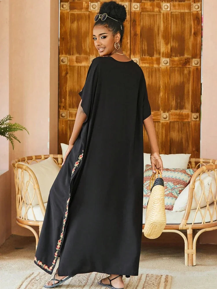 EDOLYNSA Women Embroidered Kaftan Dress Plus Size Caftan Loungewear Long Bathing Suit Coverup Tunic Beach Wear Vacation Outfit