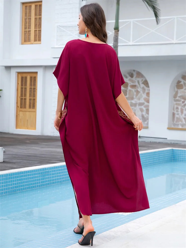 Sexy V-neck Gold Embroidery Long Beach Dress Women's Red Vintage Kaftan Loose Beachwear Vacation Swimsuit Bikini Cover-ups Q1702