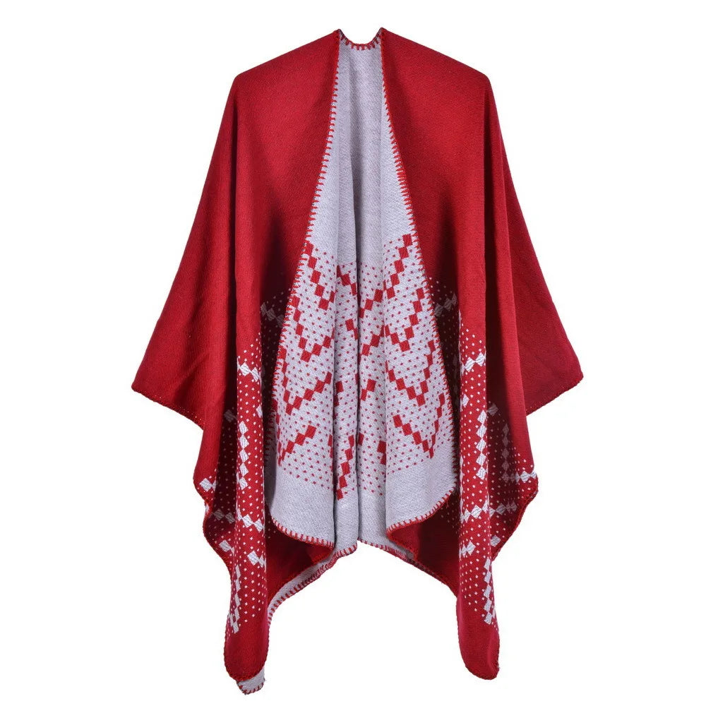 Autumn Winter Geometric Pattern Knitted Shawl Women's cloak Warm Scarf Fashion Street Poncho Lady Capes Gray Cloaks