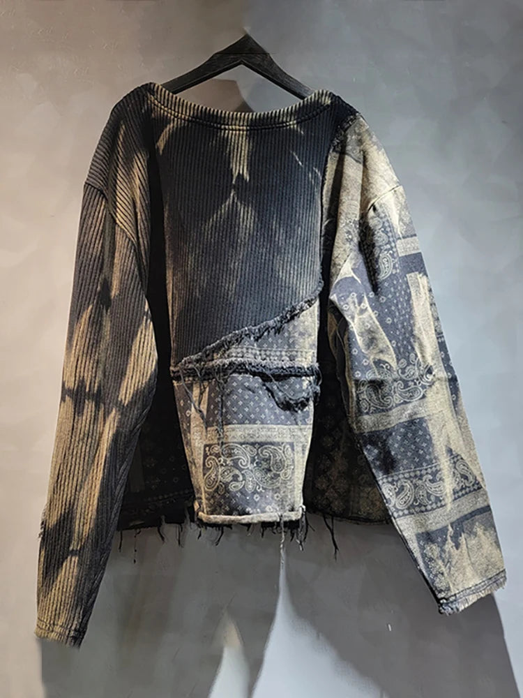 DEAT Women Pullover Knitted Distressed Tie-dye Printed Black Vintage Tassel Long Sleeve Sweater Autumn 2024 New Fashion 11A0969