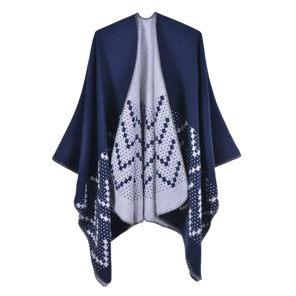 Autumn Winter Geometric Pattern Knitted Shawl Women's cloak Warm Scarf Fashion Street Poncho Lady Capes Gray Cloaks