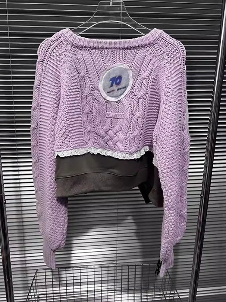 DEAT Women's Cardigan Patchwork Design Purple Drawstring Sleeves Printed Letters Sweater Coat 2024 Autumn New Fashion 29L8251