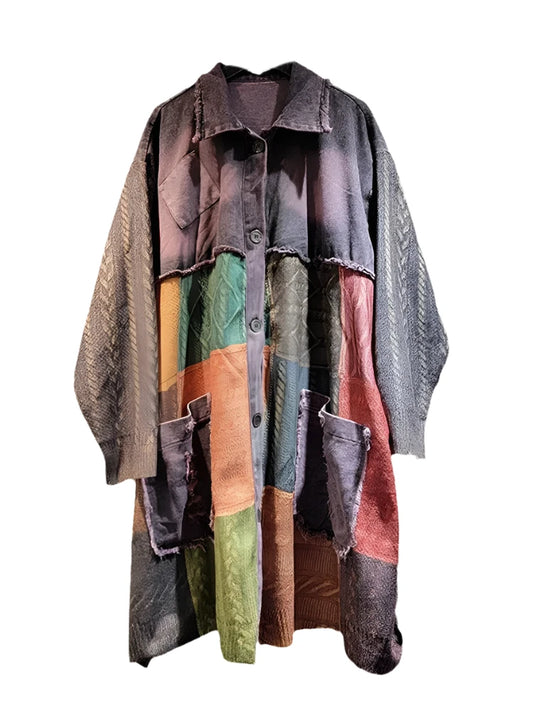 Women's Denim Coat Washed Do Old Vintage Patchwork Colorful Printed Knited Long Jacket