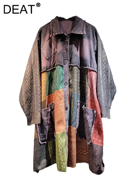 DEAT Women's Denim Coat Washed Do Old Vintage Patchwork Colorful Printed Knited Long Jackets 2024 Autumn New Fashion 33A1777