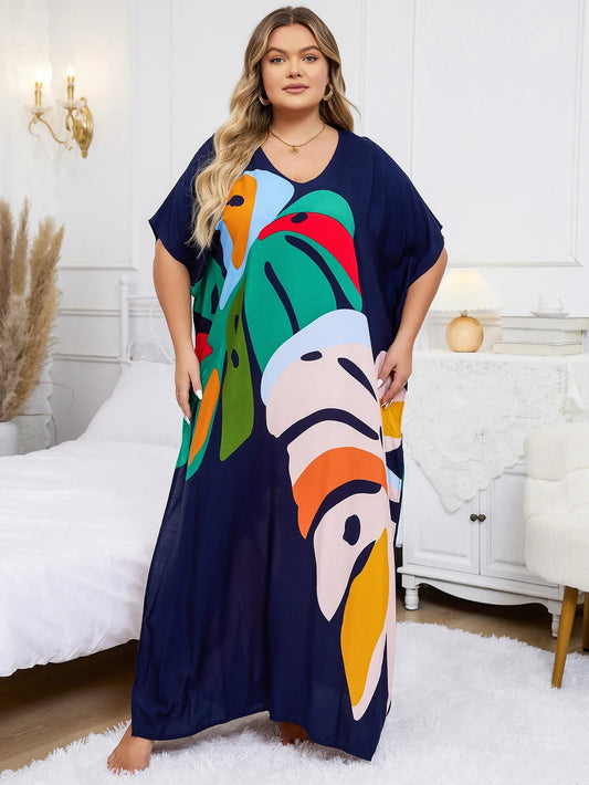 Plus Size Bohemian Black Plant Printed Kaftan Dress 2024 Summer Clothing Women Sundress Beach Wear Maxi Dresses Q1476