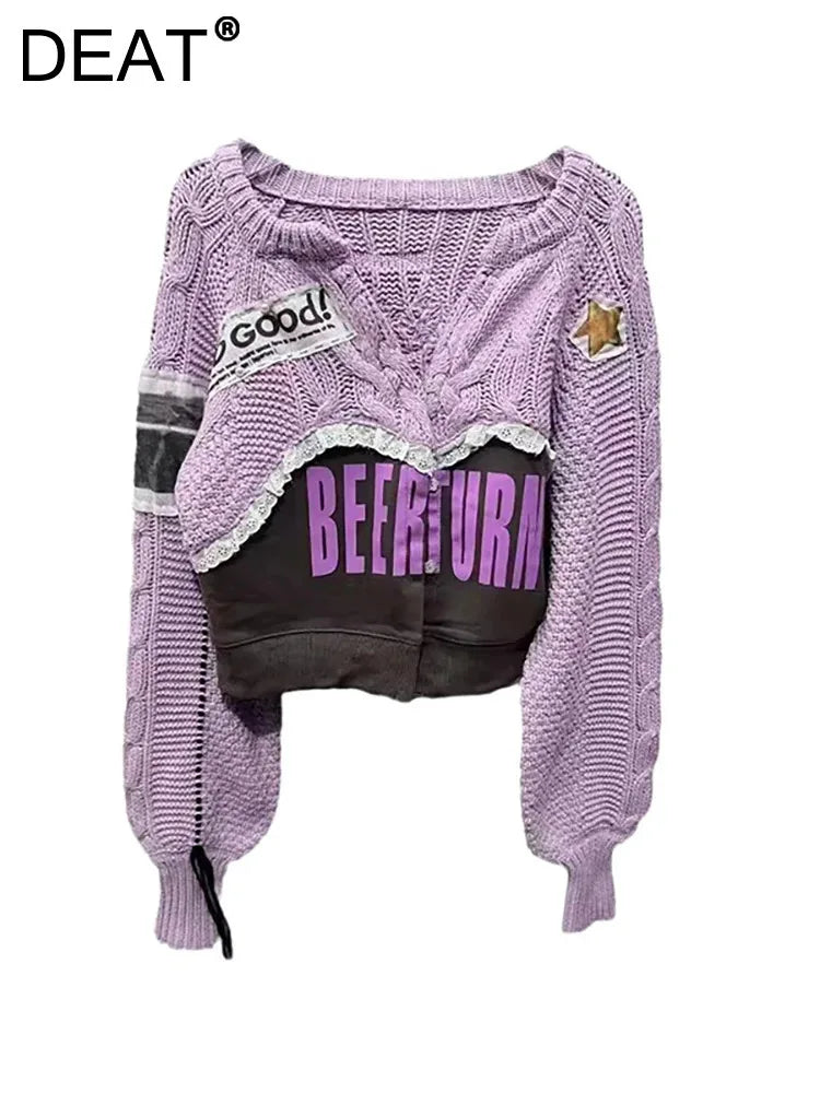 DEAT Women's Cardigan Patchwork Design Purple Drawstring Sleeves Printed Letters Sweater Coat 2024 Autumn New Fashion 29L8251