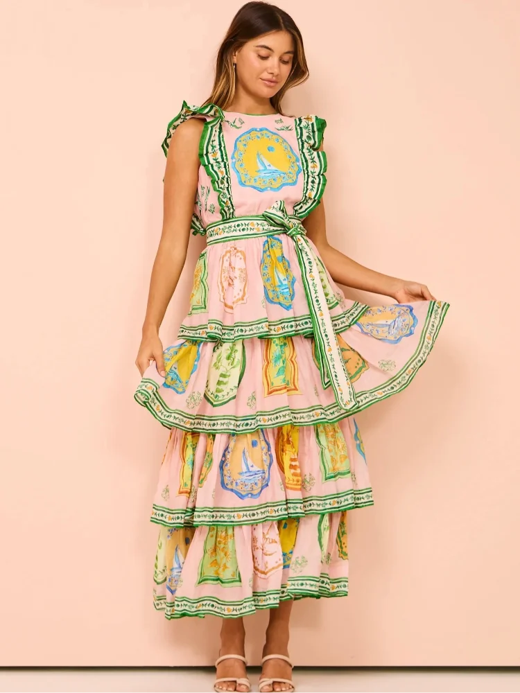 Printed Flying Sleeve Layered Ruffle Edge summer dress