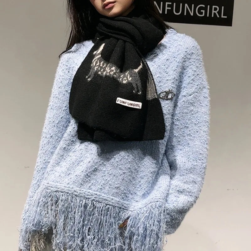 Korean Version Wool Blend Puppy Jacquard Scarf Women Men Warm Versatile Soft Muffler Autumn Winter Thick Shawl Thermal Scarves