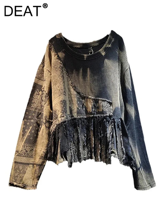 DEAT Women Pullover Knitted Distressed Tie-dye Printed Black Vintage Tassel Long Sleeve Sweater Autumn 2024 New Fashion 11A0969