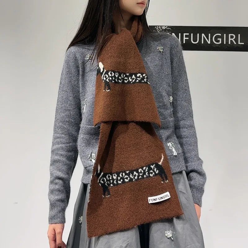 Korean Version Wool Blend Puppy Jacquard Scarf Women Men Warm Versatile Soft Muffler Autumn Winter Thick Shawl Thermal Scarves