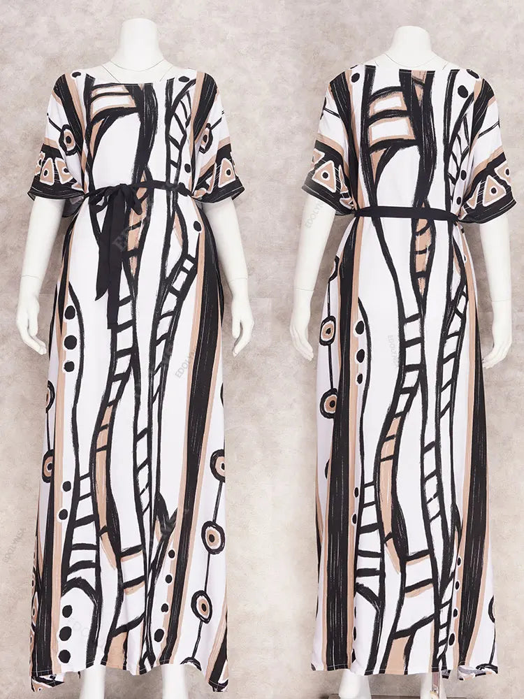 2023 Elegant Long Kaftan Printed V-neck Batwing Sleeve Street Wear Loose Maxi Dresses Women Beach Wear Swim Suit Cover Up Q1341