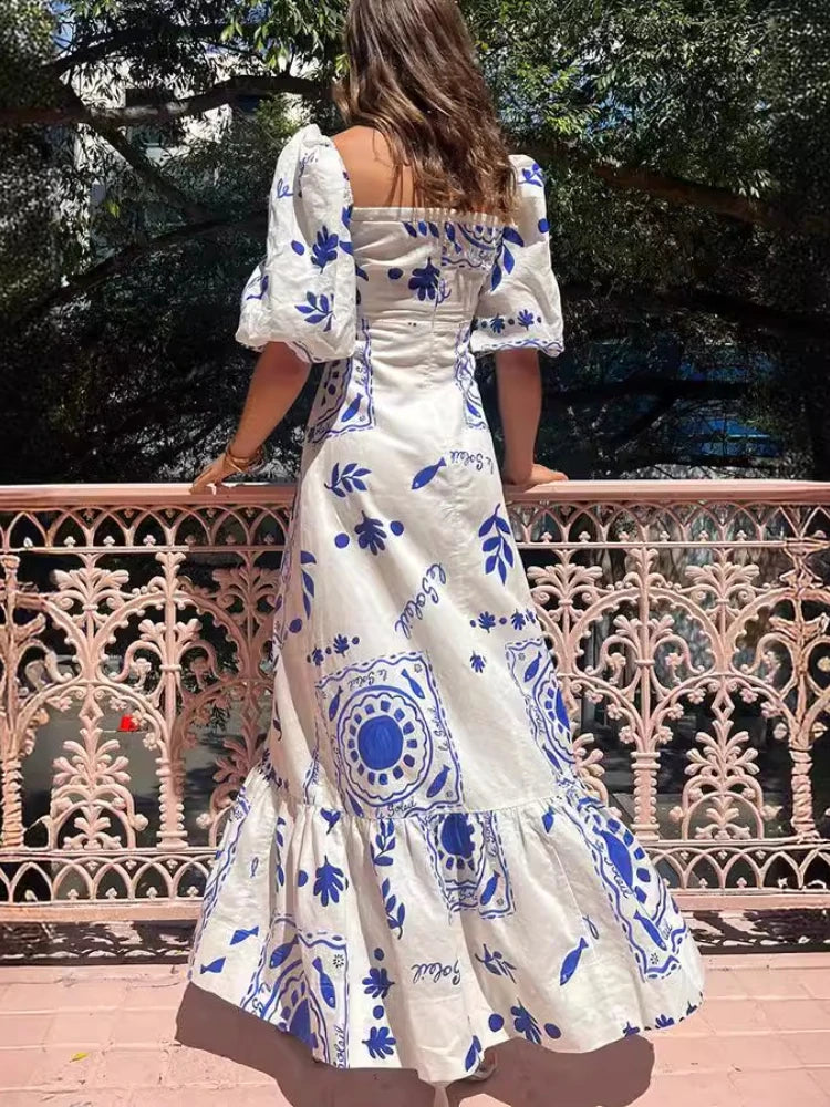 2024 New Summer Fashion Casual One Line Neck Printed Lantern Sleeves Slim Fit Cotton Linen Dress Bohemian Party Dress