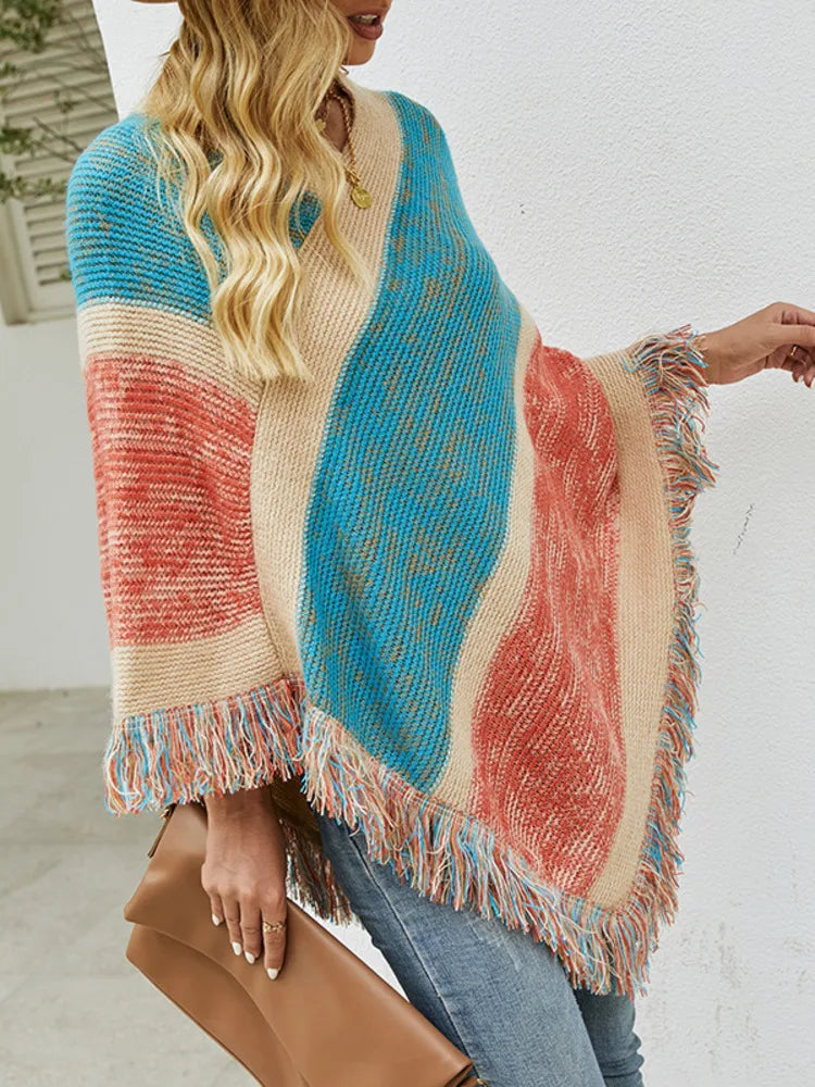 Autumn Winter Batwing Sleeve Rainbow Striped Poncho