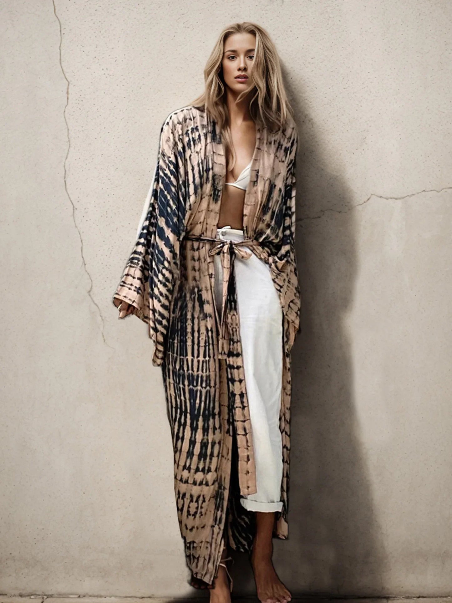 Bohemian Tie dye Striped Long Kimono Dress