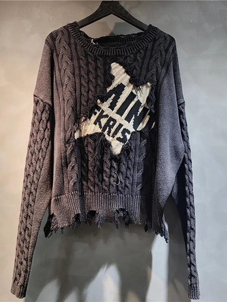 DEAT Women's Sweater Loose Patchwork Letters Distressed Long Sleeve Knitted Tassel Pullover Autumn 2024 New Fashion 29L8324