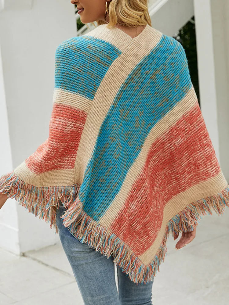 Autumn Winter Batwing Sleeve Rainbow Striped Poncho