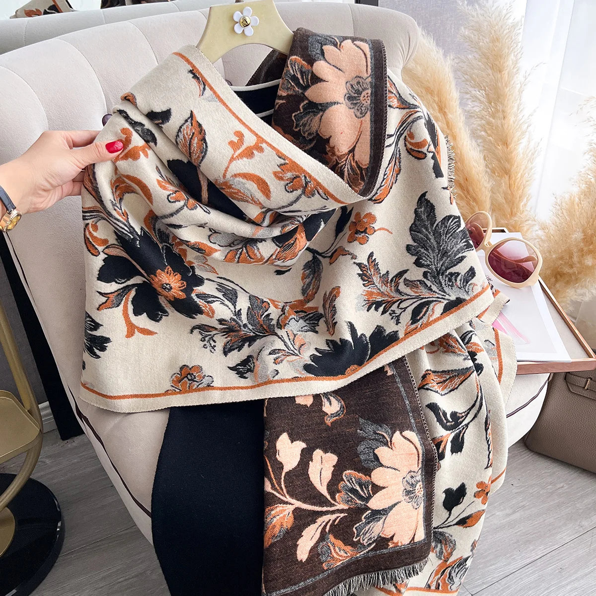 Luxury Winter Cashmere Scarf for Women Exquisite Floral Print Warm Pashmina Shawl Thick Cozy Blanket Wrap Foulard