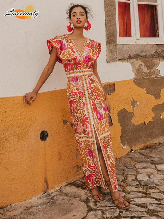 Fashion Flying Sleeved Flower Print Split Maxi Dress Women Fashion V Neck Backless Robes 2024 Summer Chic Female Street Dresses