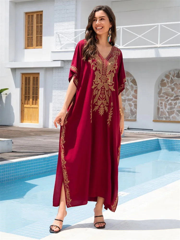 Sexy V-neck Gold Embroidery Long Beach Dress Women's Red Vintage Kaftan Loose Beachwear Vacation Swimsuit Bikini Cover-ups Q1702