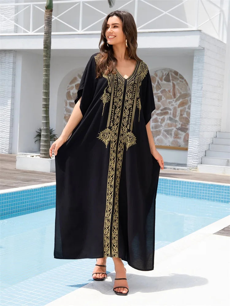 2024 Boho Gold Embroidery Printed Batwing Sleeve Kaftan Dress For Women Sexy V Neck Beachwear Vacation Swimsuit Cover-ups Q1700