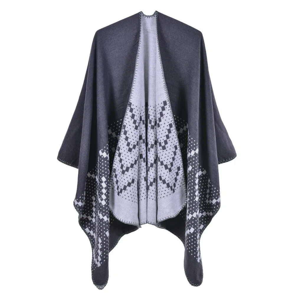 Autumn Winter Geometric Pattern Knitted Shawl Women's cloak Warm Scarf Fashion Street Poncho Lady Capes Gray Cloaks