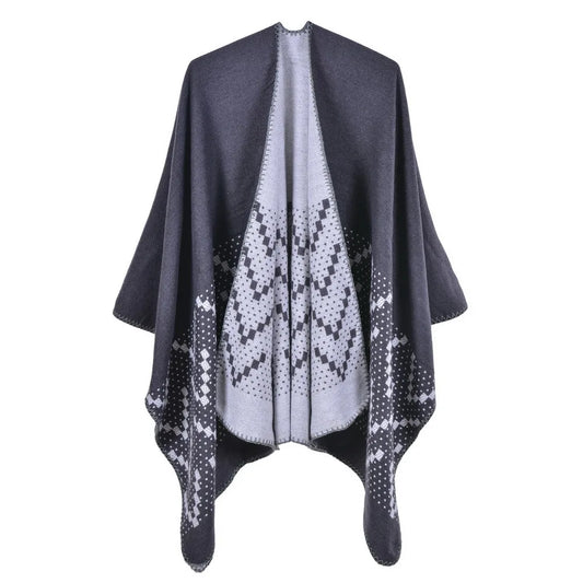 Autumn Winter Geometric Pattern Knitted Shawl Women's cloak Warm Scarf Fashion Street Poncho Lady Capes Gray Cloaks
