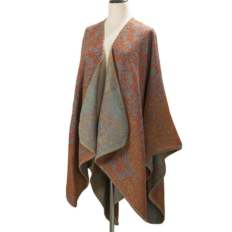 Ethnic Pattern Shawl Cape, Vintage Style Windproof Scarf for Women, Outdoor Travel Poncho & Cardigan