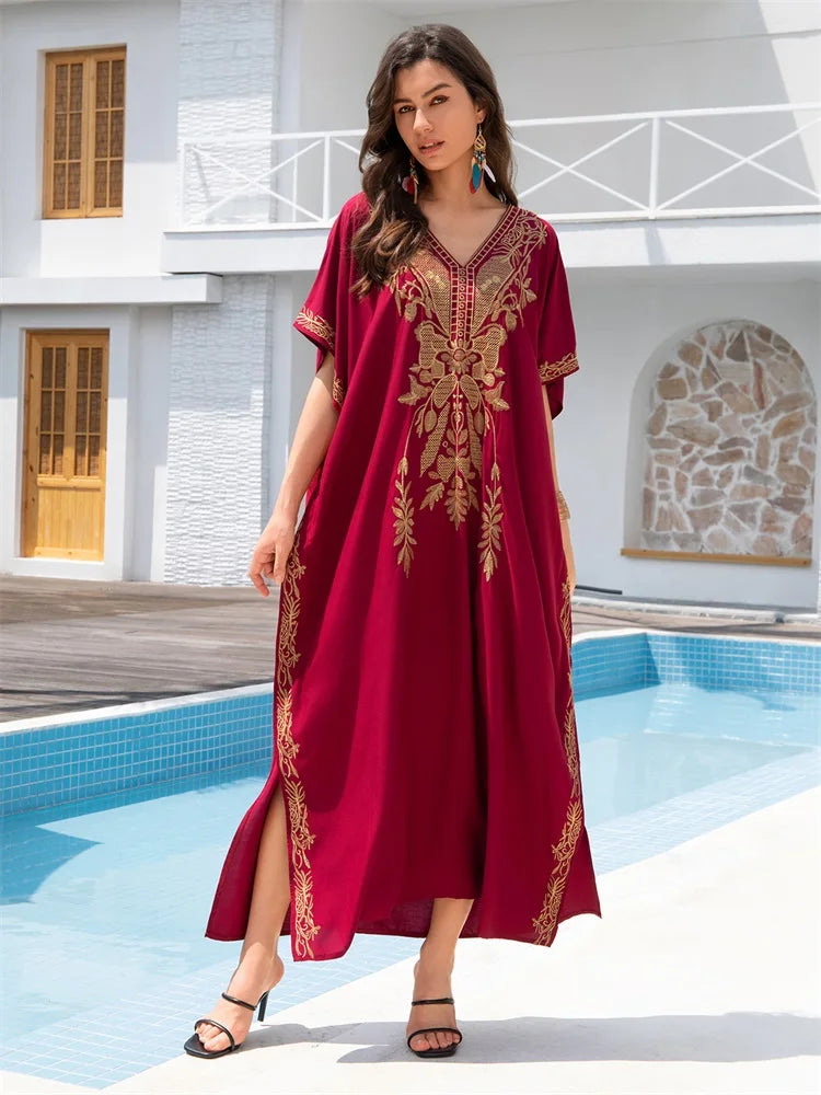 Sexy V-neck Gold Embroidery Long Beach Dress Women's Red Vintage Kaftan Loose Beachwear Vacation Swimsuit Bikini Cover-ups Q1702