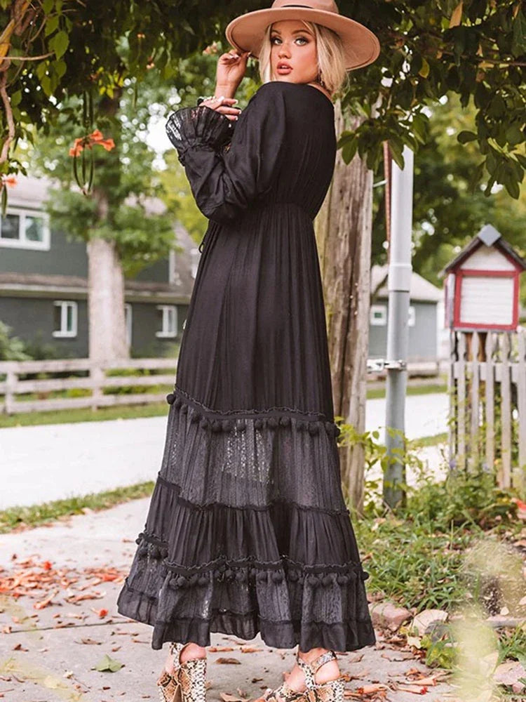 GypsyLady Black Embroidery Maxi Dress Cotton