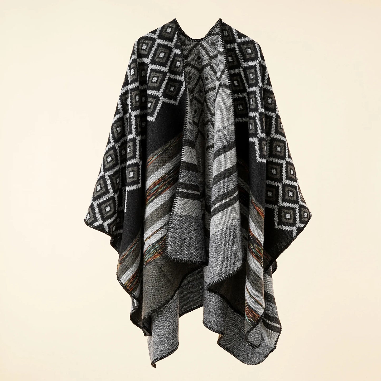 Autumn Winter New Geometric Stripe Pattern Imitation Cashmere Poncho