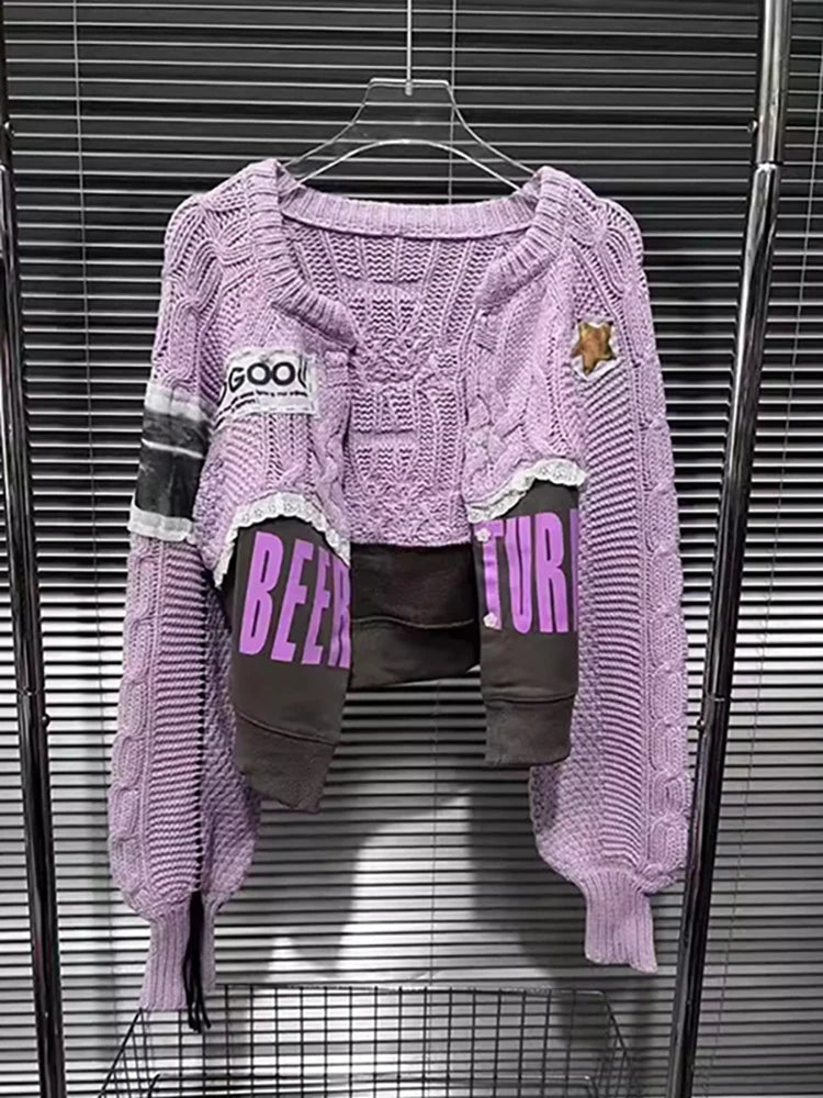 DEAT Women's Cardigan Patchwork Design Purple Drawstring Sleeves Printed Letters Sweater Coat 2024 Autumn New Fashion 29L8251