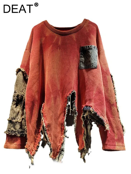 DEAT Women's Pullover Long Sleeve Tie-dye Irregular Do Old Patchwork Vintage Loose Denim Sweater 2024 Autumn New Fashion 29L8194