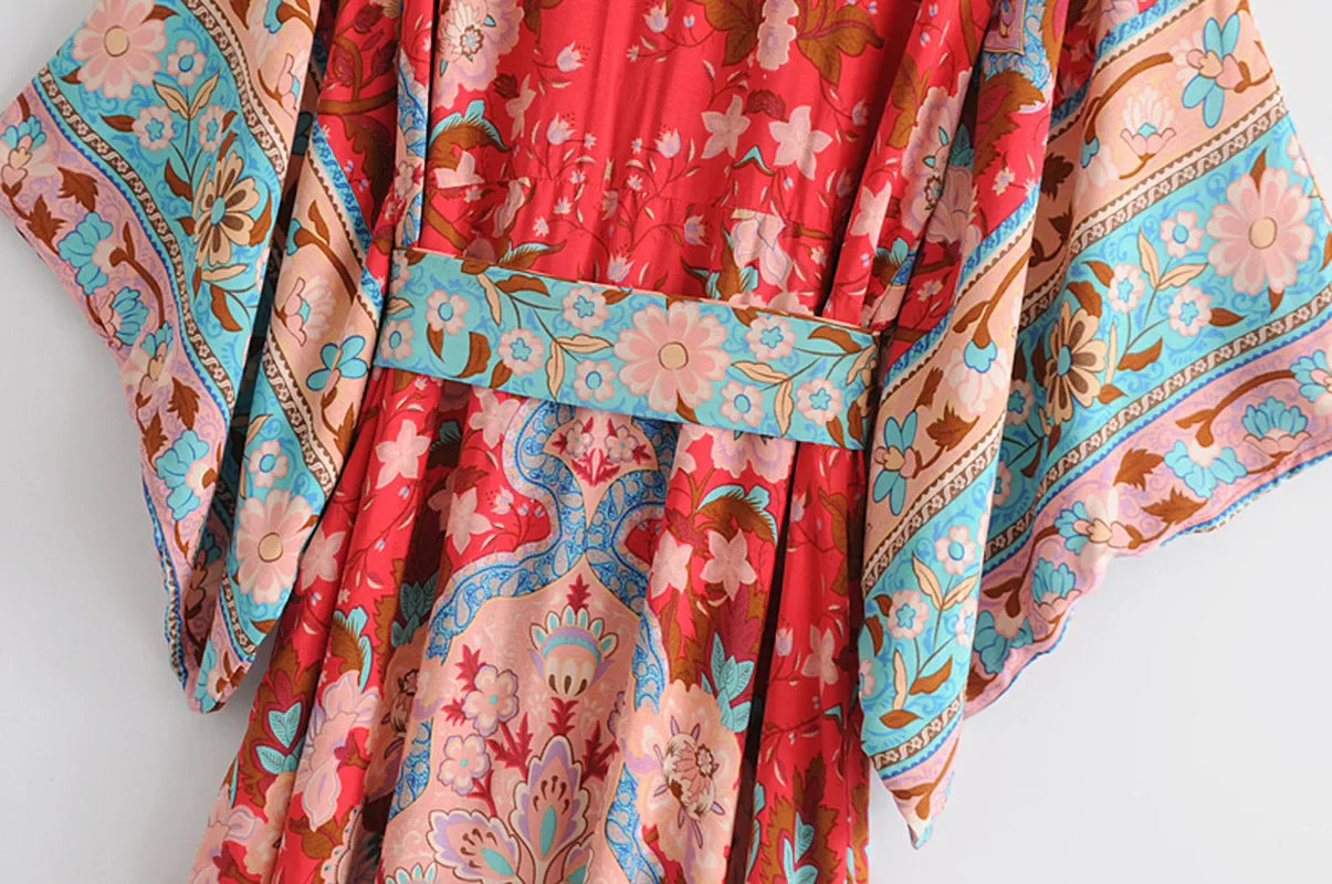 Happie Queens Women Red Floral Print Bat Sleeve Beach Bohemian Kimono