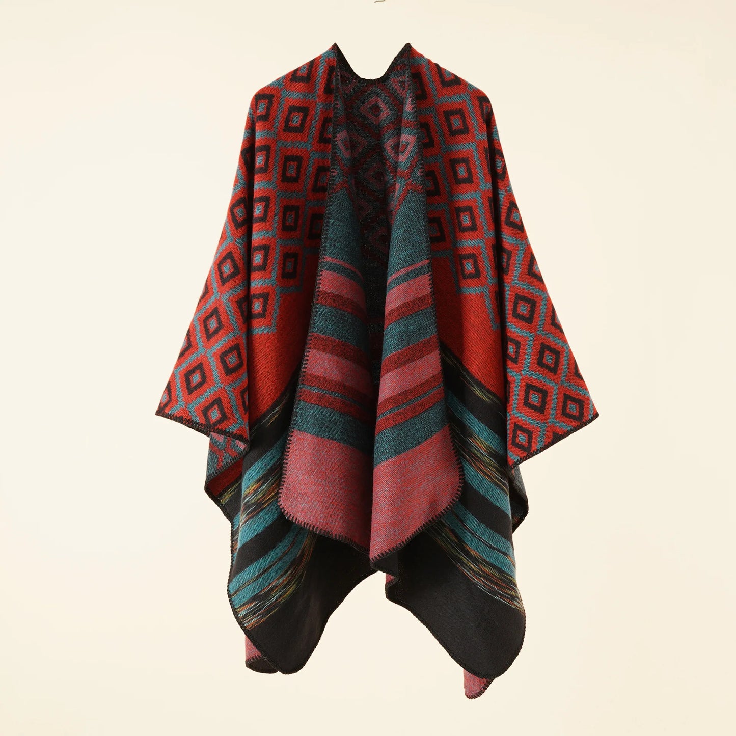 Autumn Winter New Geometric Stripe Pattern Imitation Cashmere Poncho