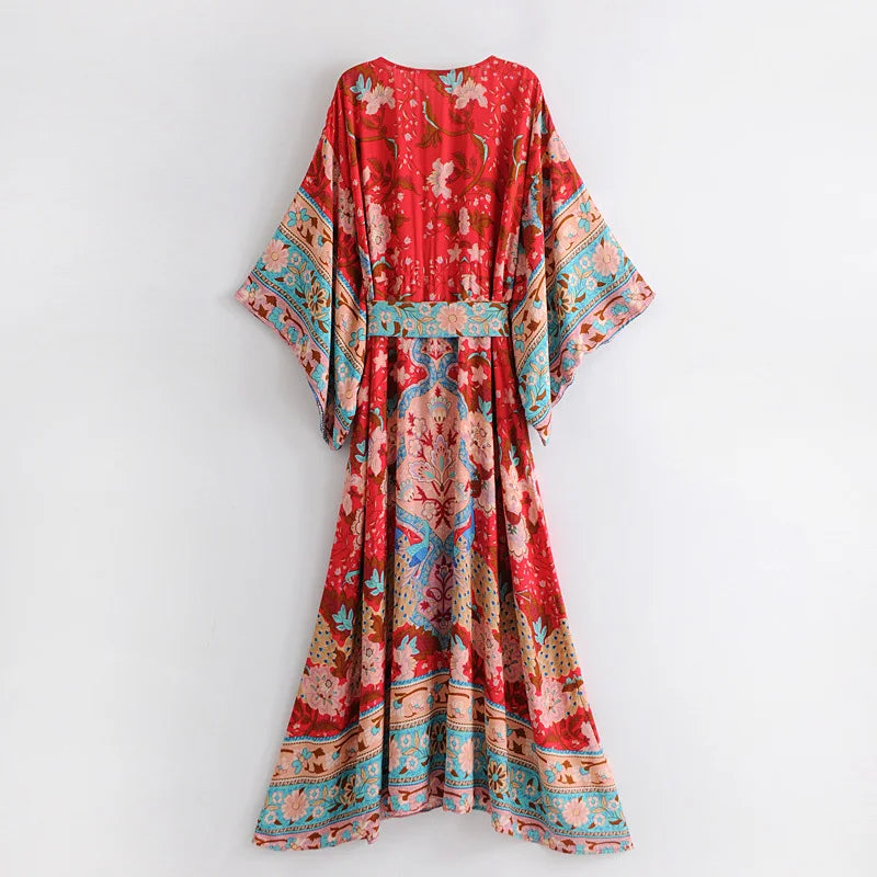 Happie Queens Women Red Floral Print Bat Sleeve Beach Bohemian Kimono